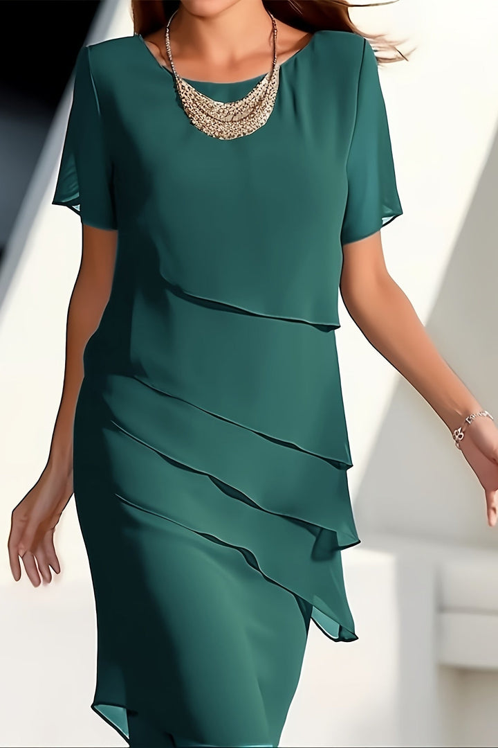 Chiffon Midi Dress with Layered Design and Short Sleeves for Work