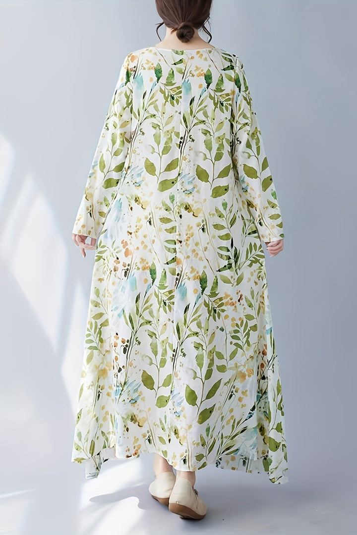 Floral Print Midi Dress with Long Sleeves and Round Neck