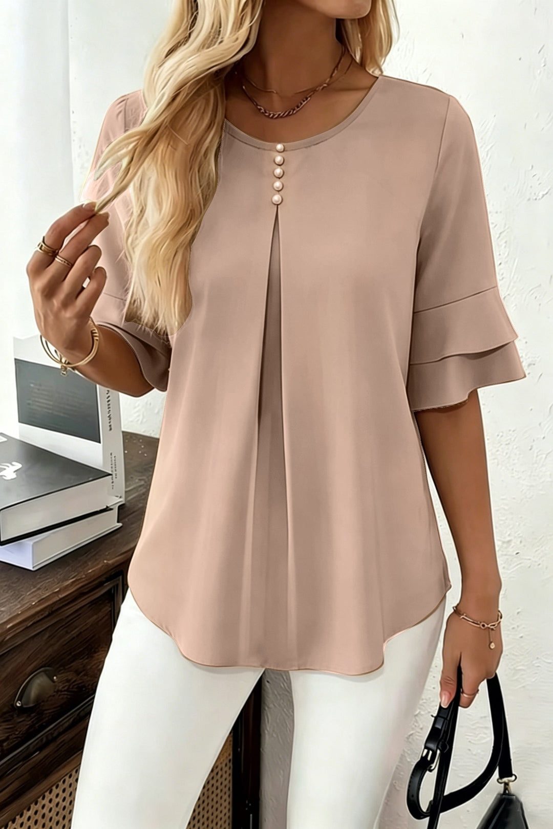 Ruffle Trim Button Up Top with Flared Sleeves and Round Neck for Women