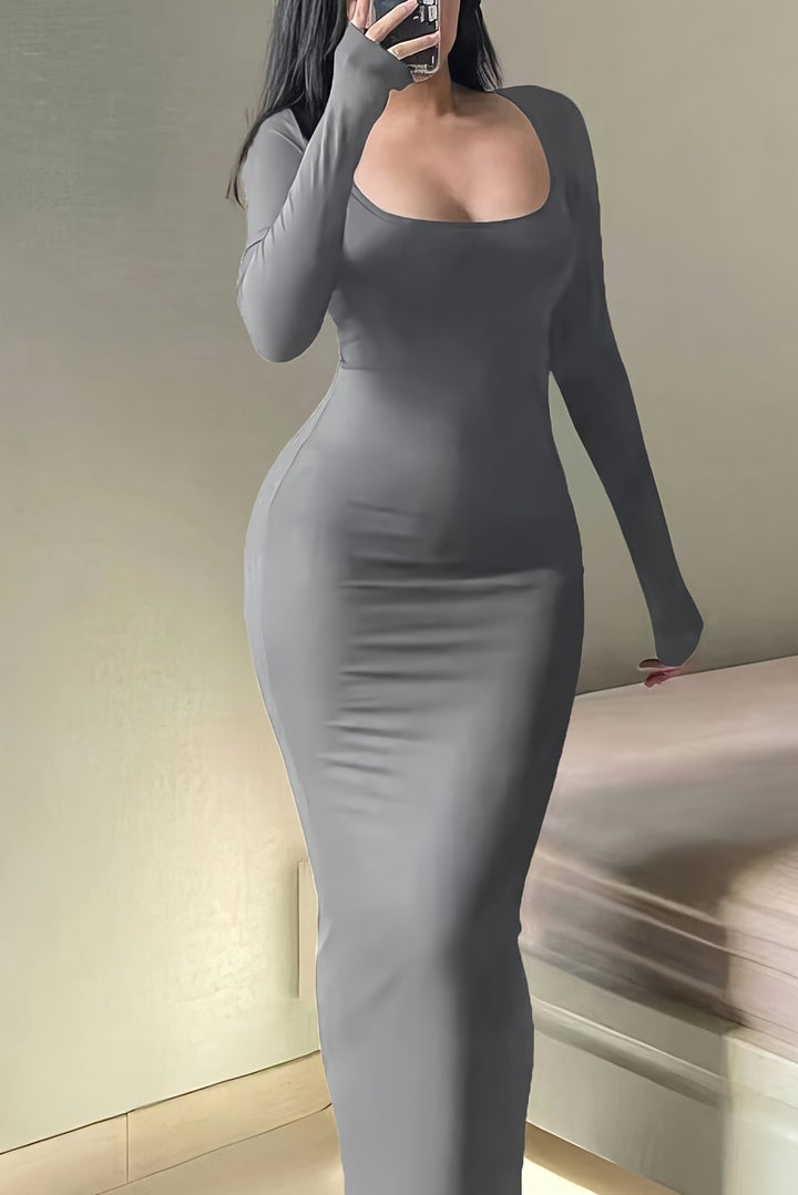Square Neck Maxi Dress with Long Sleeves and Bodycon Fit