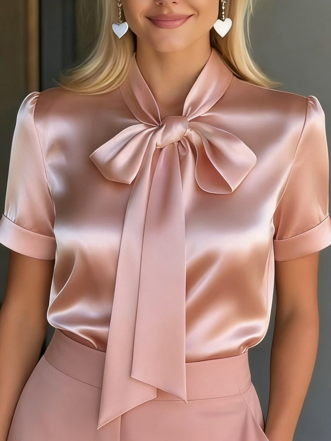 Bow Collar Satin Top with Long Sleeves for Women