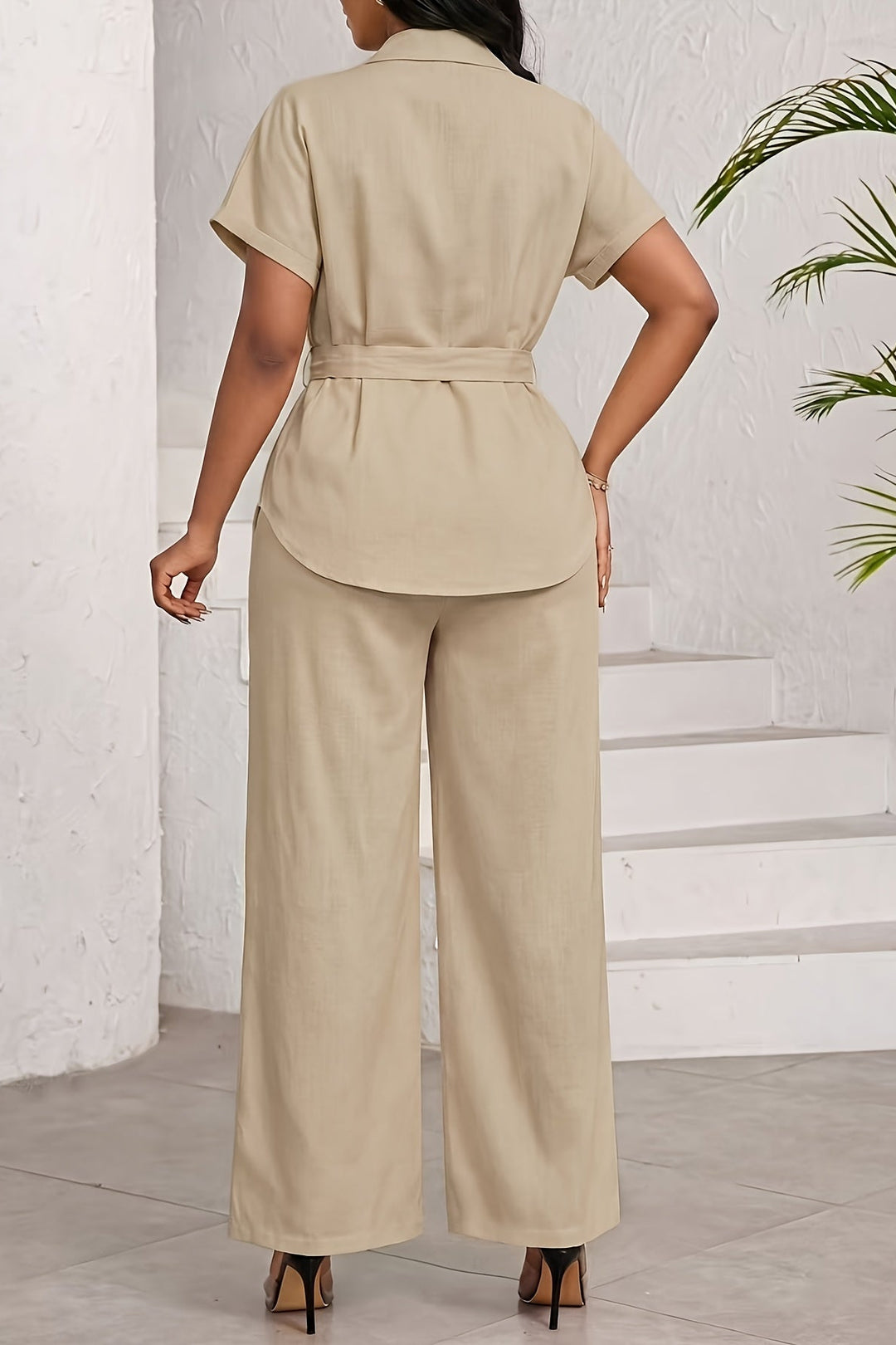 Button Front Shirt and Wide Leg Pants Set for Women