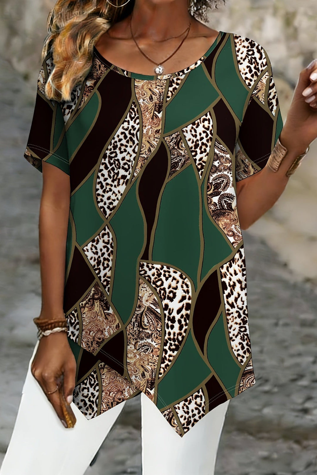 Marble Print Plus Size T Shirt with Asymmetrical Crossover Hem for Women