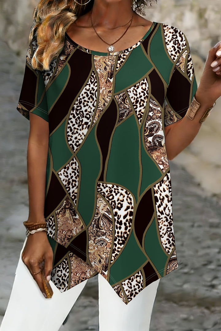 Marble Print Plus Size T Shirt with Asymmetrical Crossover Hem for Women