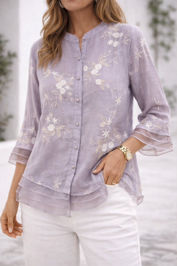Women Floral Embroidery Blouse Green
