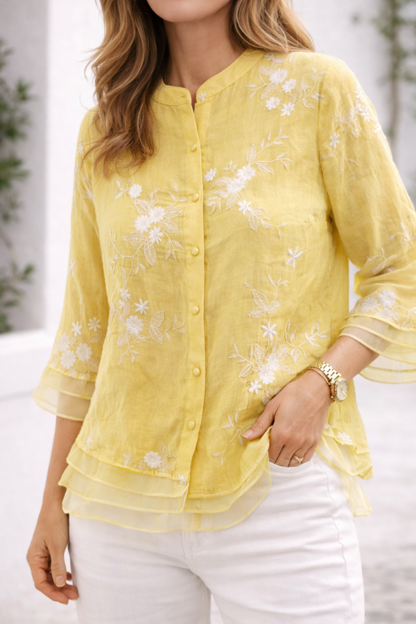 Women Floral Embroidery Blouse Green