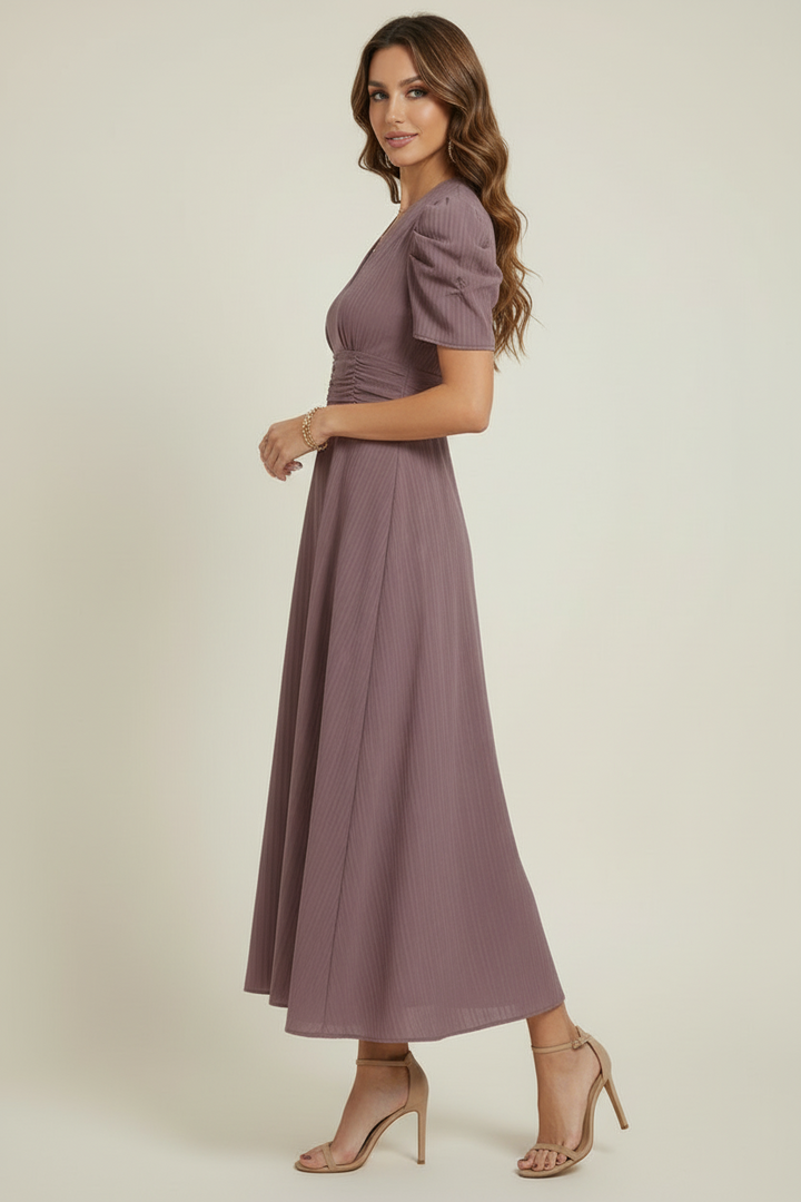 V Neck Midi Dress with Ruched Waist