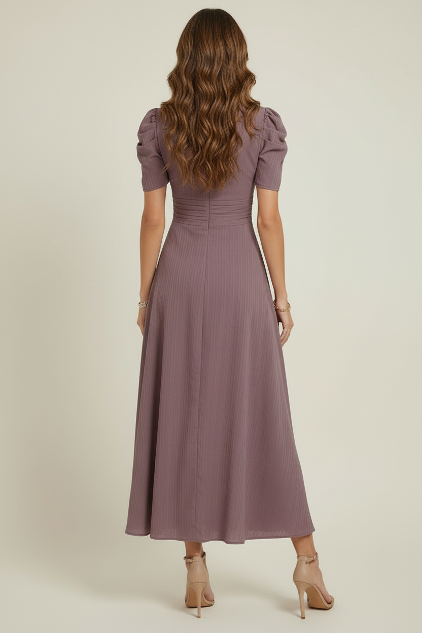 V Neck Midi Dress with Ruched Waist