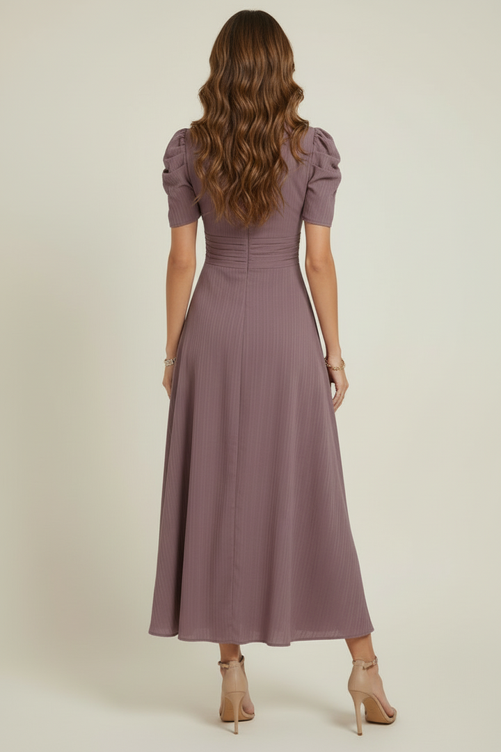 V Neck Midi Dress with Ruched Waist