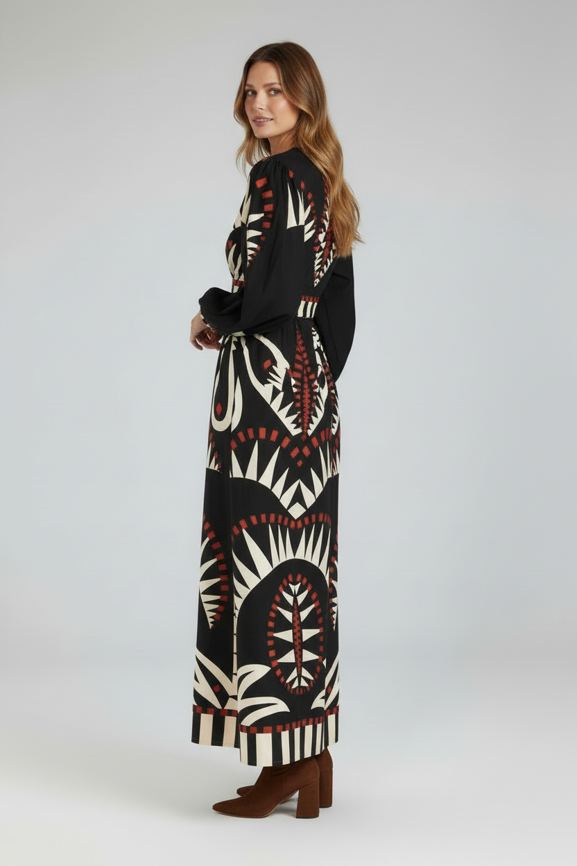 Printed Maxi Dress with V Neck and Long Sleeves