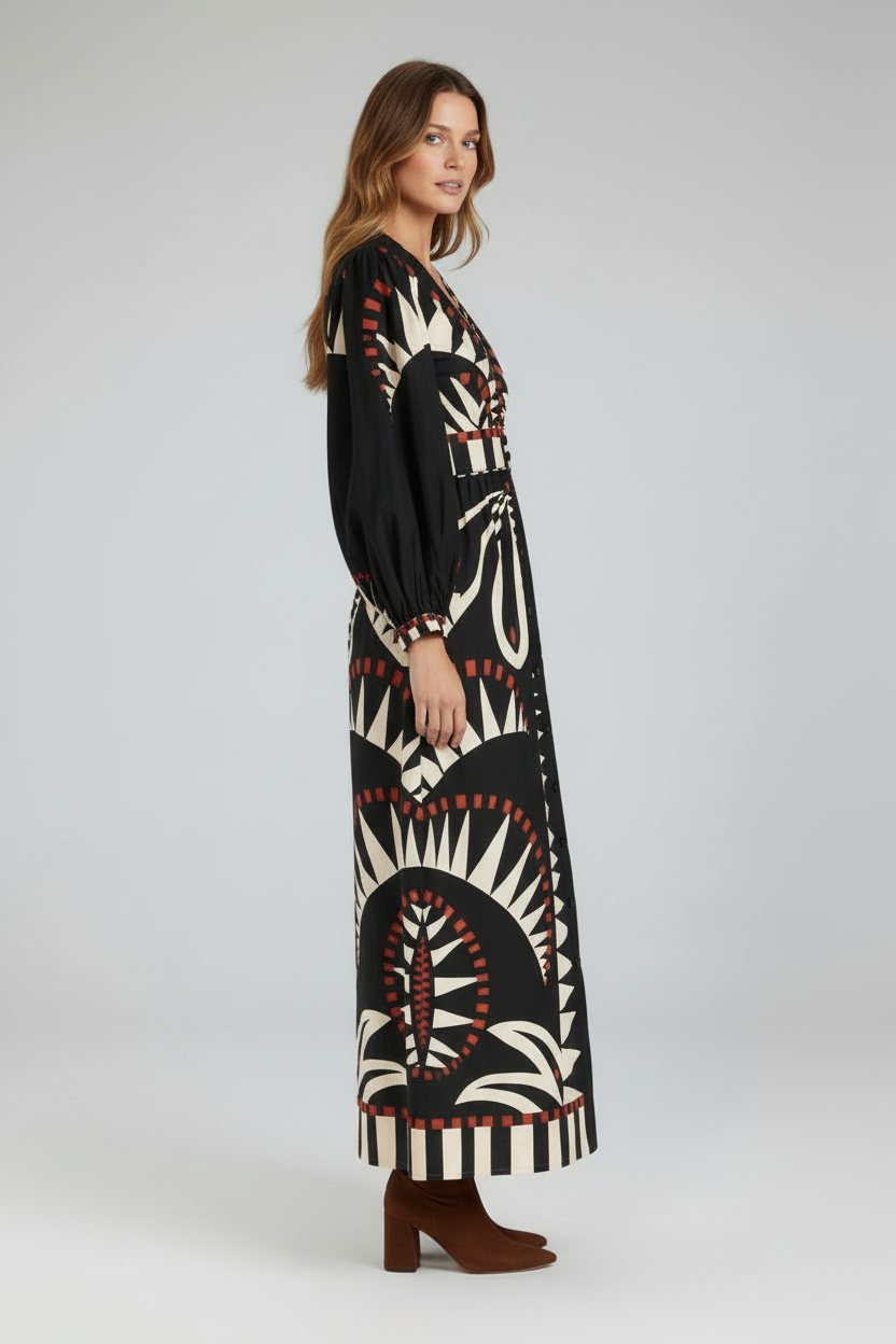 Printed Maxi Dress with V Neck and Long Sleeves