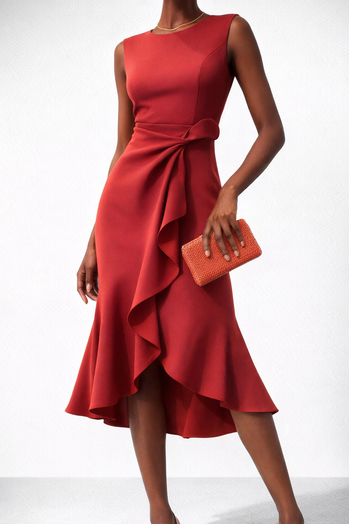 Ruffle Wrap Midi Dress with Sleeveless Design