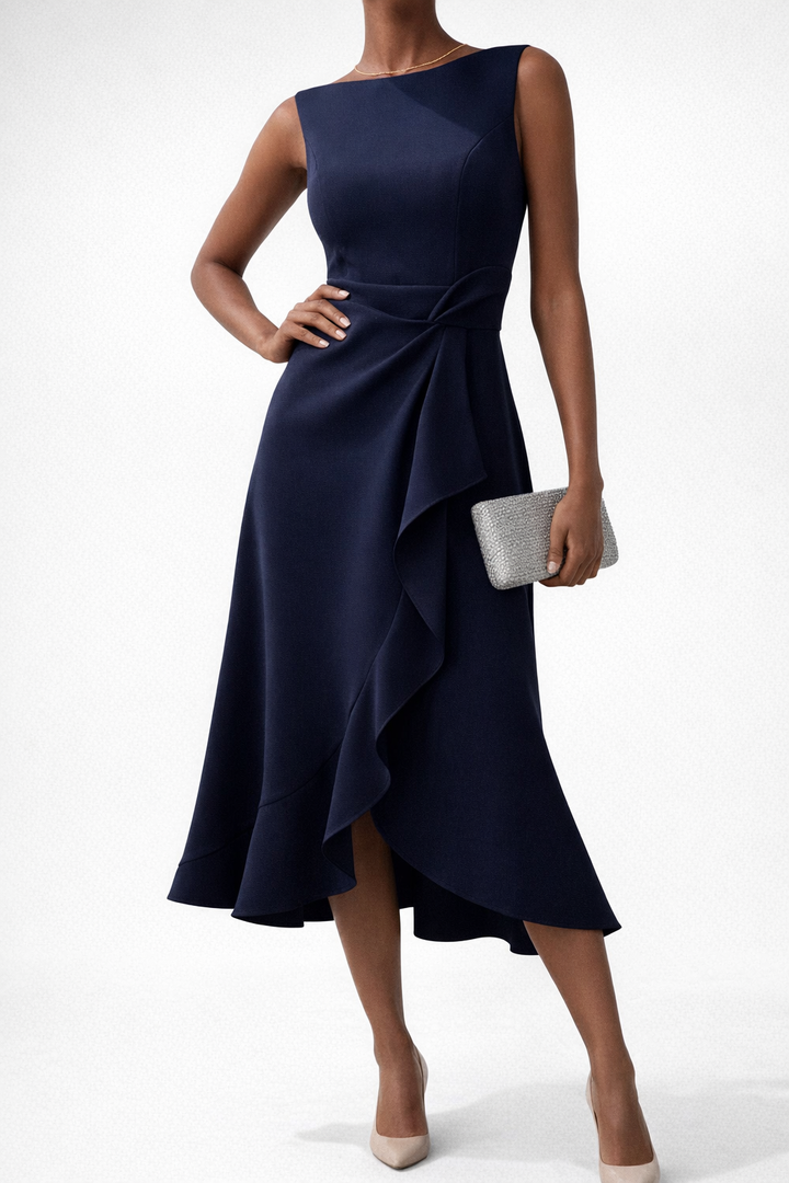 Ruffle Wrap Midi Dress with Sleeveless Design