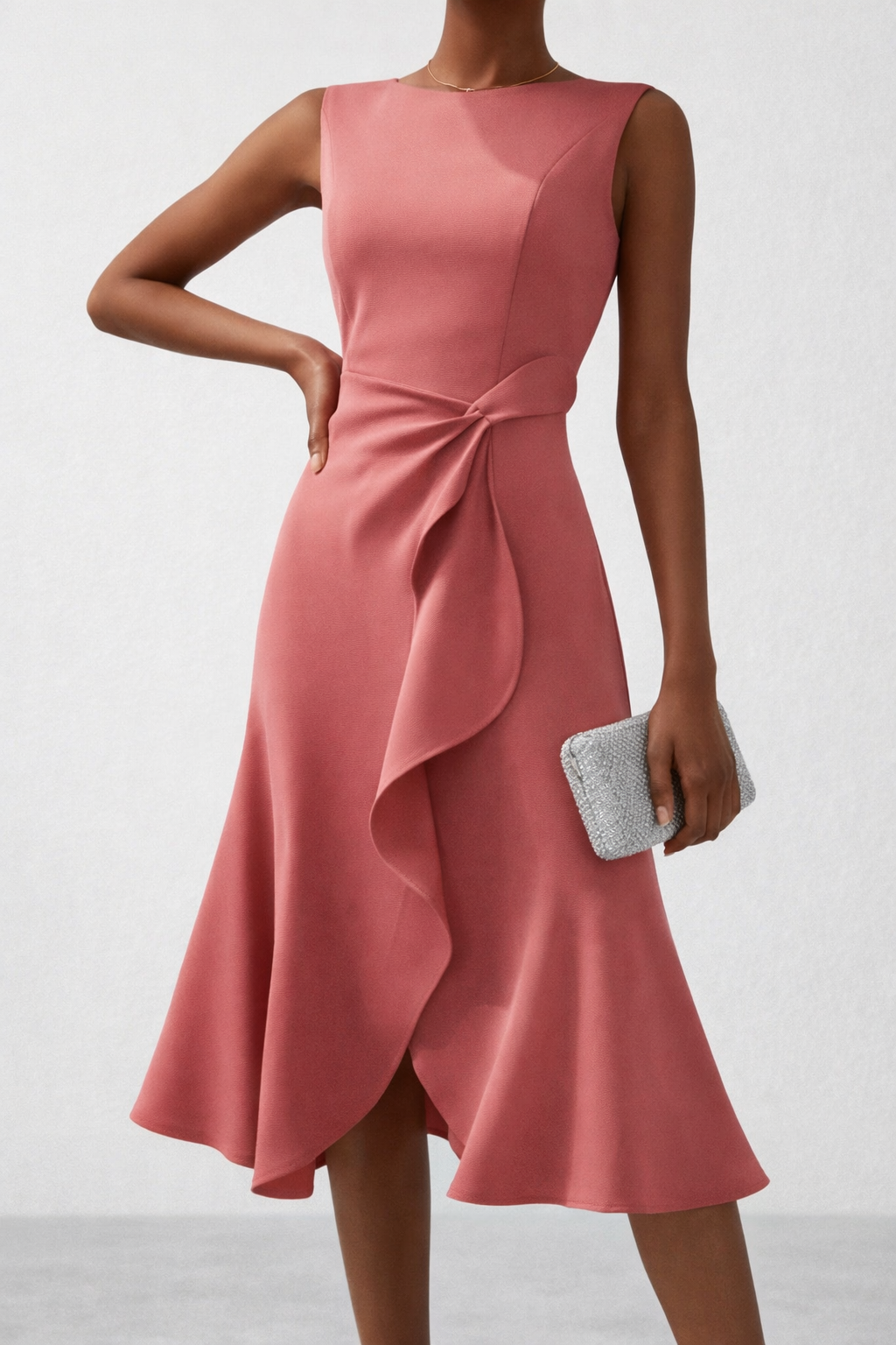 Ruffle Wrap Midi Dress with Sleeveless Design