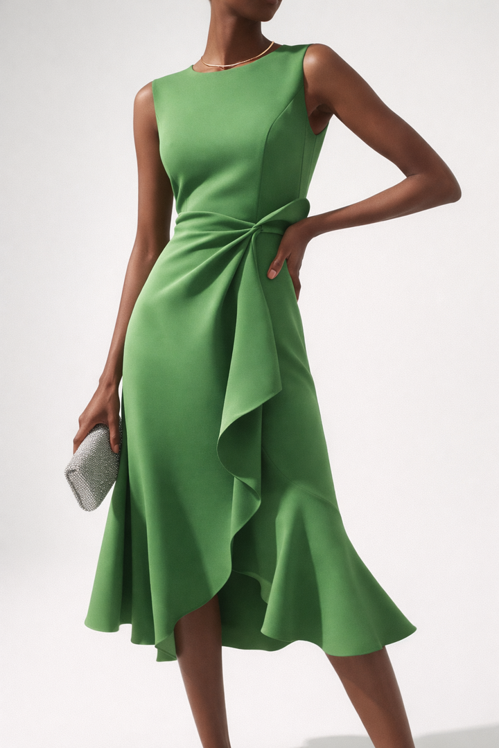 Ruffle Wrap Midi Dress with Sleeveless Design