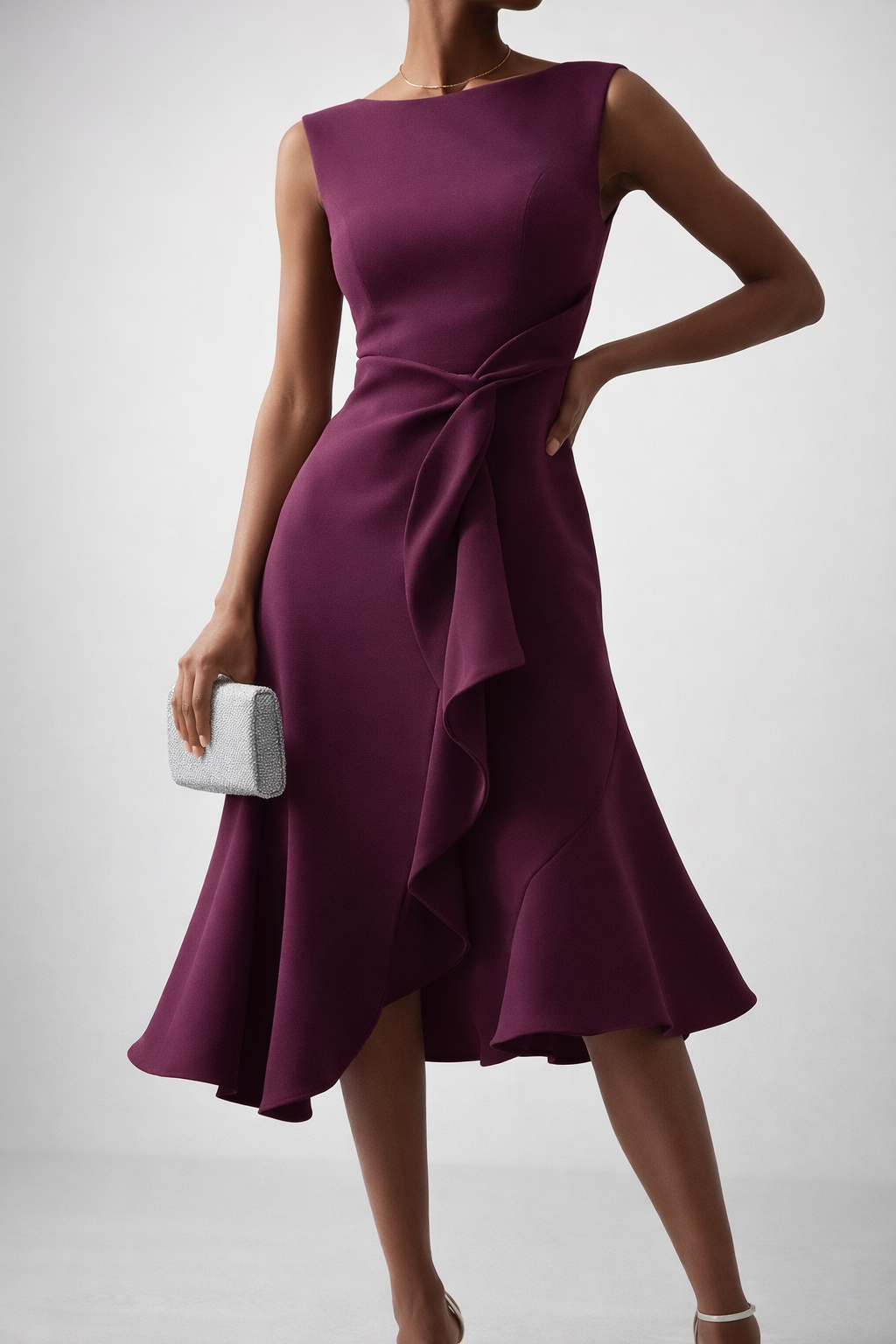 Ruffle Wrap Midi Dress with Sleeveless Design