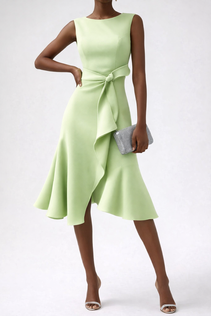 Ruffle Wrap Midi Dress with Sleeveless Design