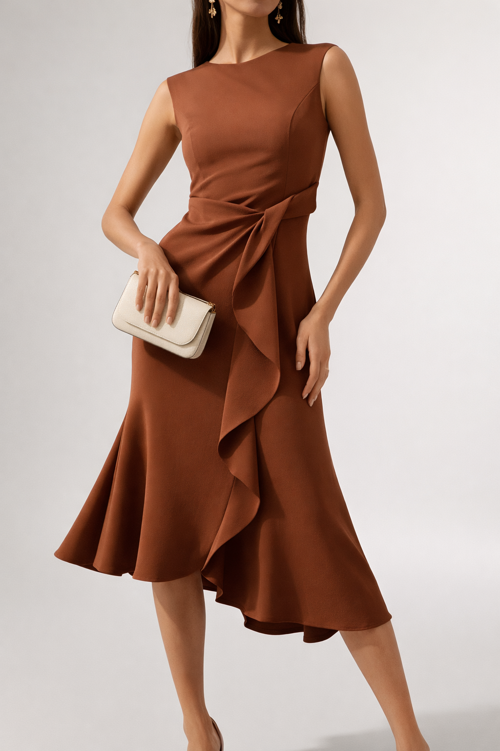 Ruffle Wrap Midi Dress with Sleeveless Design