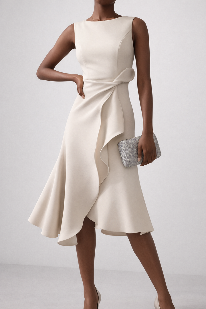 Ruffle Wrap Midi Dress with Sleeveless Design