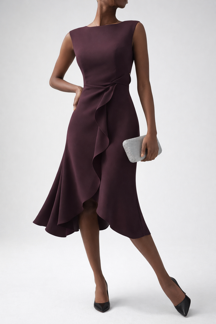 Ruffle Wrap Midi Dress with Sleeveless Design