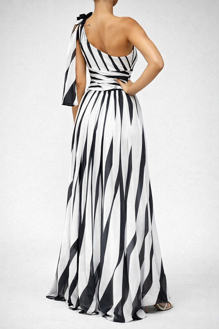 Striped One Shoulder Maxi Dress Flowing Fit