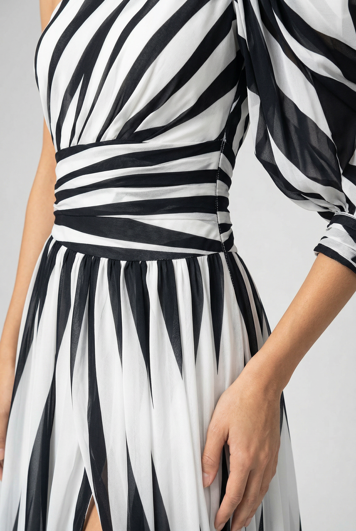 Striped One Shoulder Maxi Dress Flowing Fit