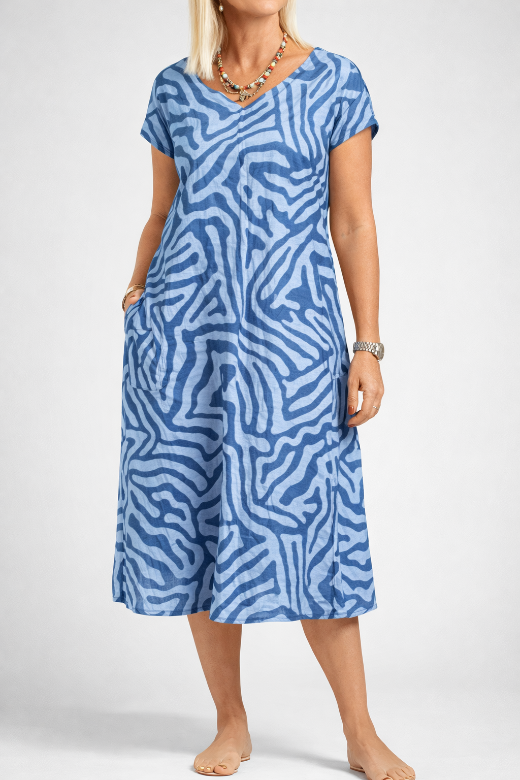 Summer Round Neck Midi Dress with Print Detail
