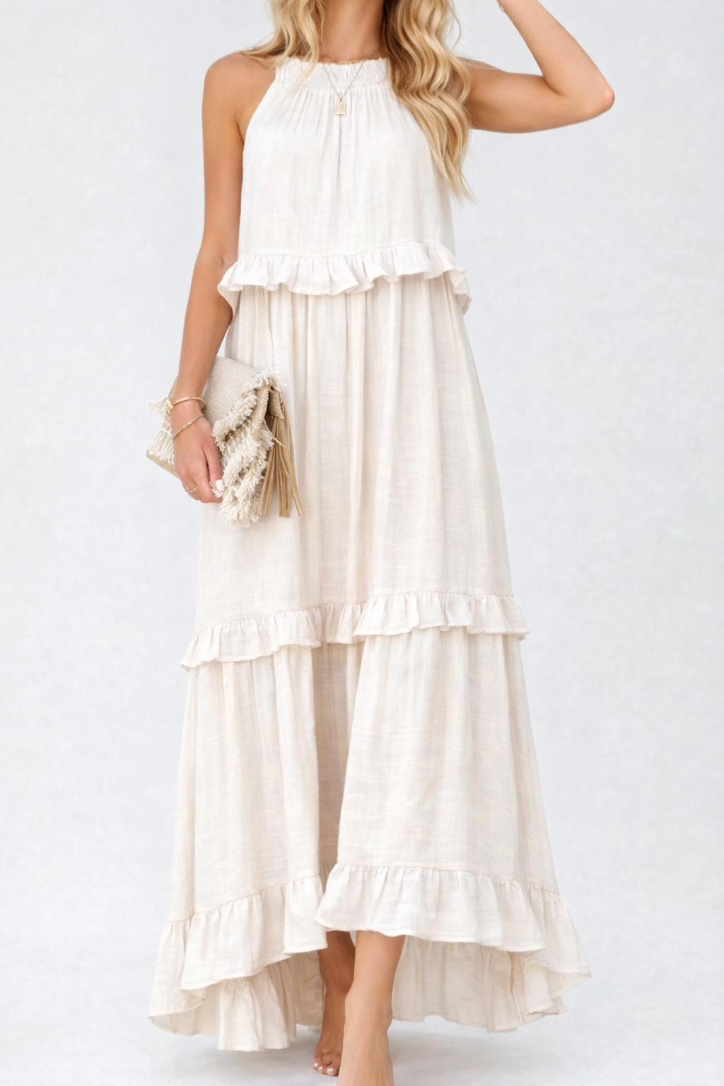 Sleeveless Ruffle Maxi Dress with Flattering Drape