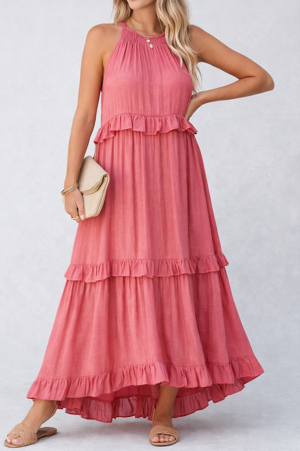Sleeveless Ruffle Maxi Dress with Flattering Drape