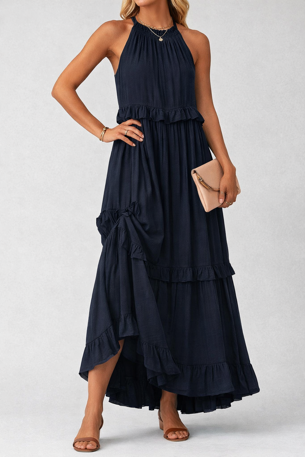 Sleeveless Ruffle Maxi Dress with Flattering Drape