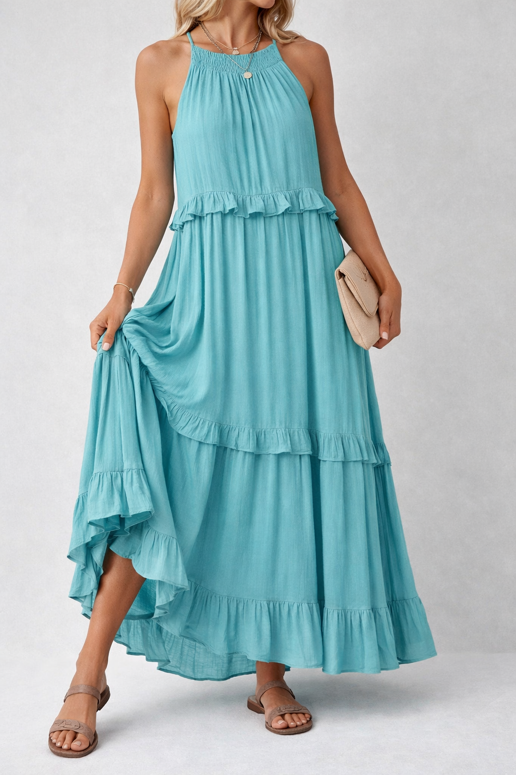 Sleeveless Ruffle Maxi Dress with Flattering Drape