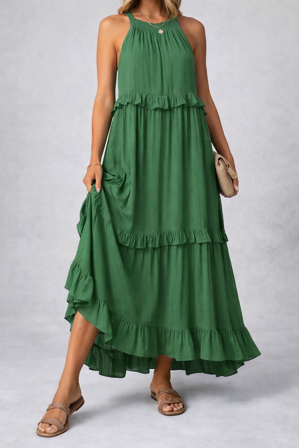 Sleeveless Ruffle Maxi Dress with Flattering Drape