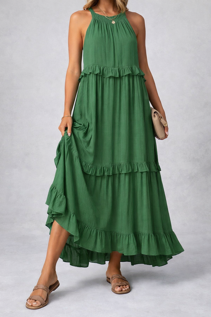 Sleeveless Ruffle Maxi Dress with Flattering Drape