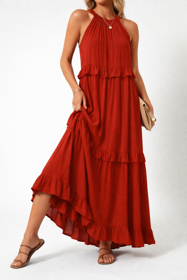 Sleeveless Ruffle Maxi Dress with Flattering Drape