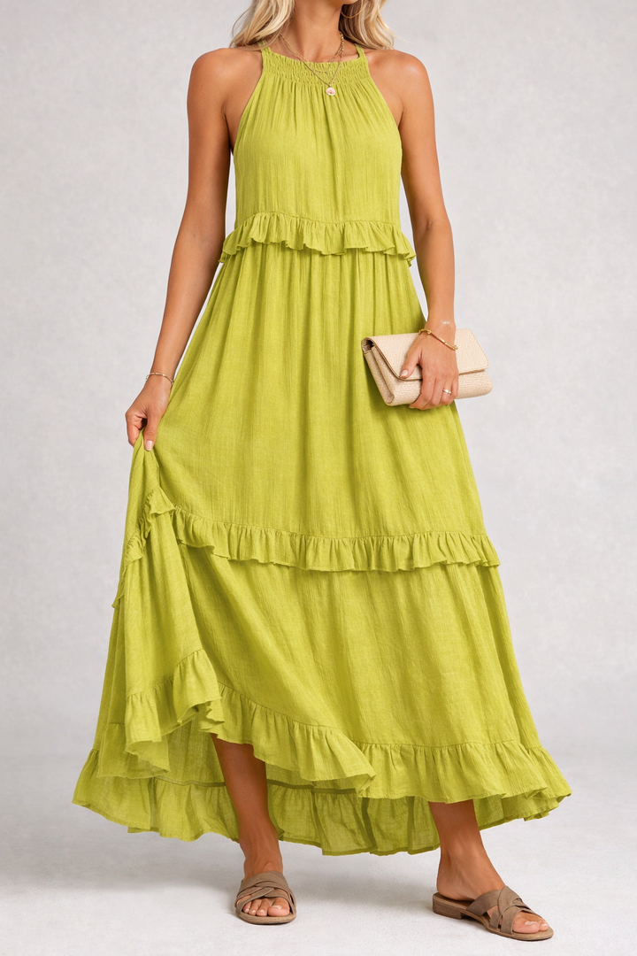 Sleeveless Ruffle Maxi Dress with Flattering Drape