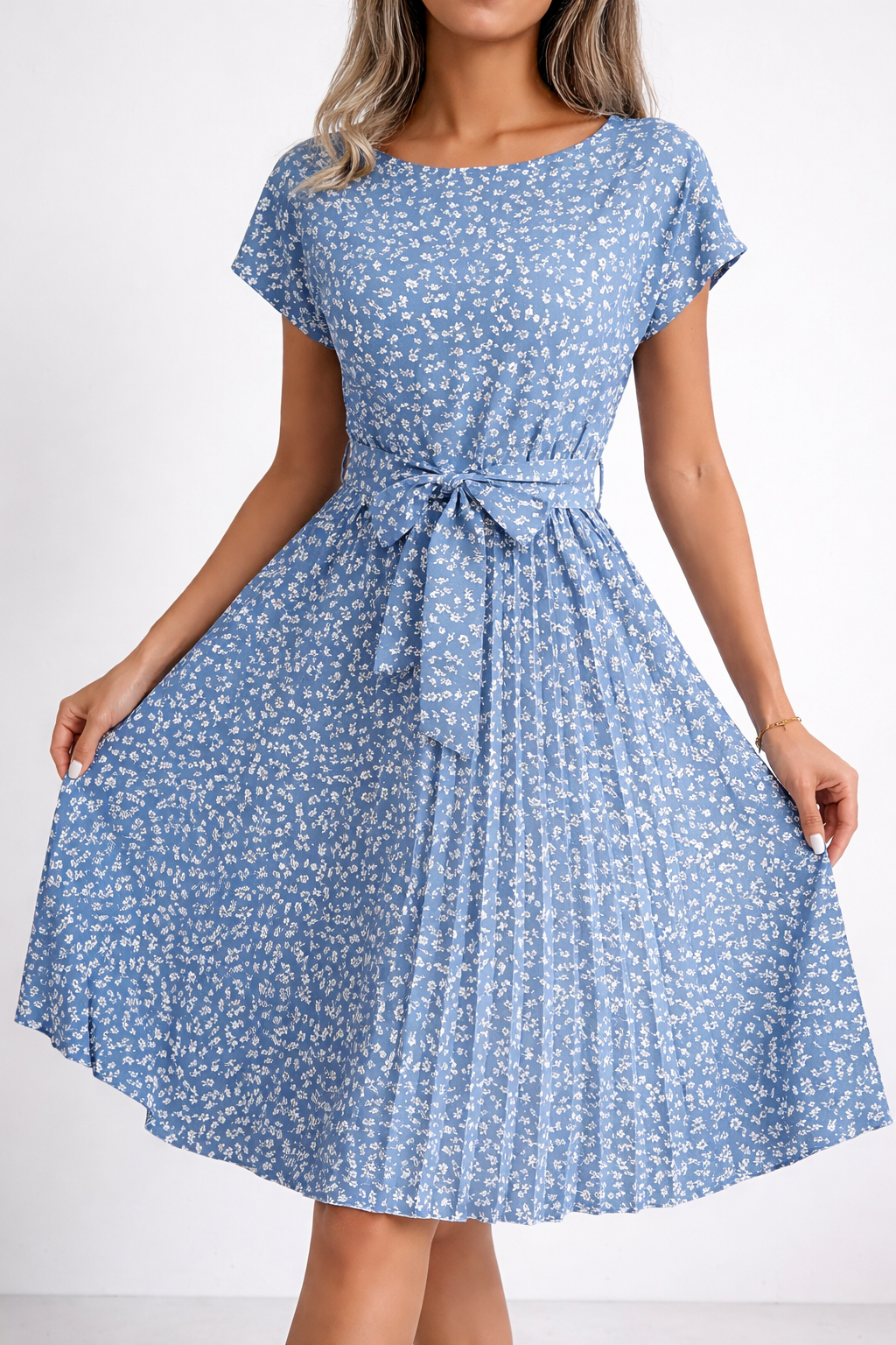 Flower Print Pleated Midi Dress with Drape