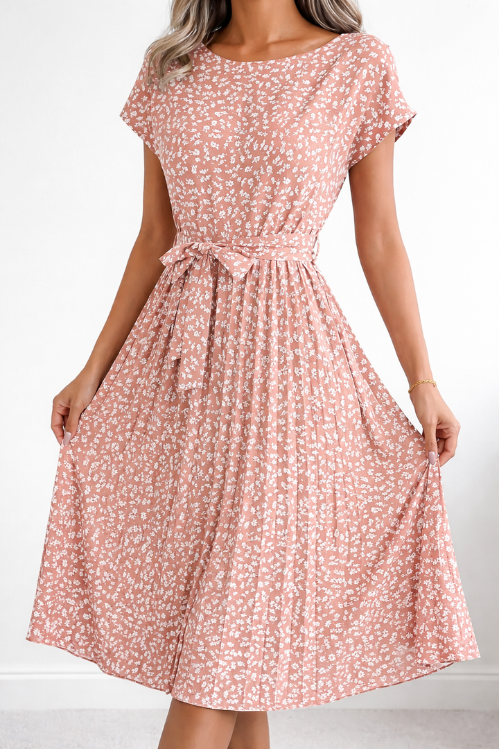 Flower Print Pleated Midi Dress with Drape