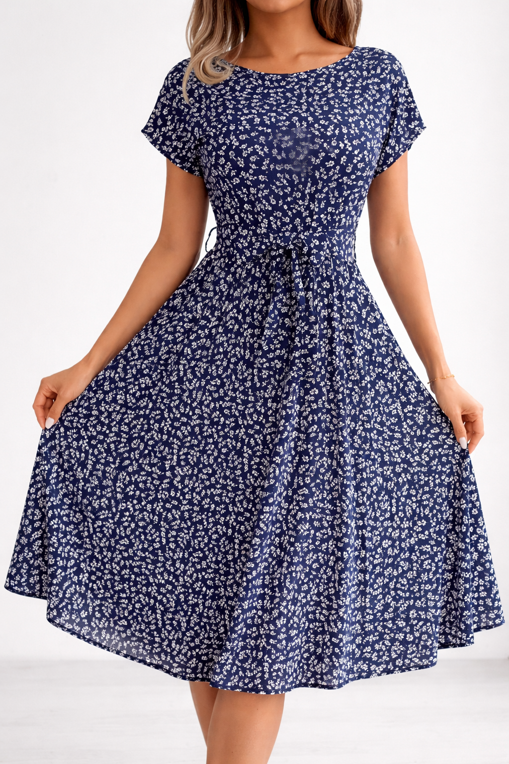 Flower Print Pleated Midi Dress with Drape