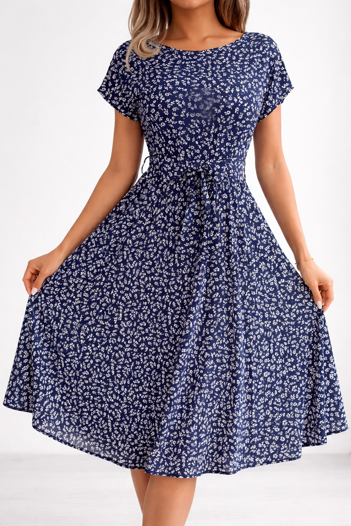 Flower Print Pleated Midi Dress with Drape