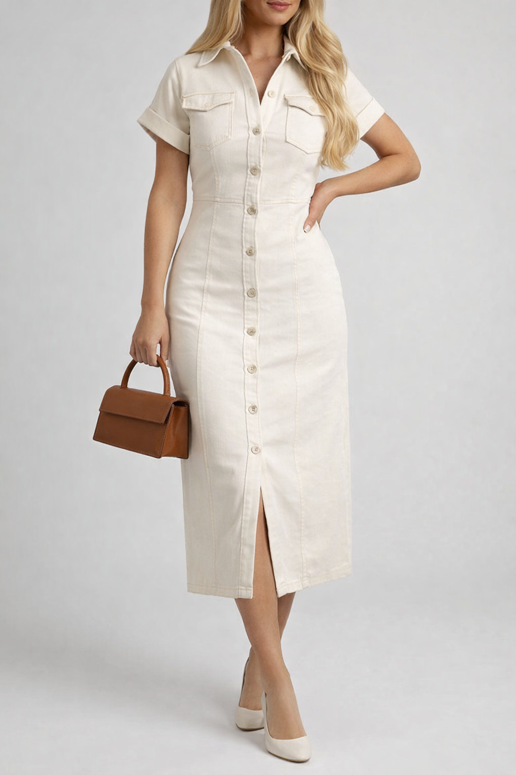 White Denim Maxi Dress Short Sleeve Button Front Summer