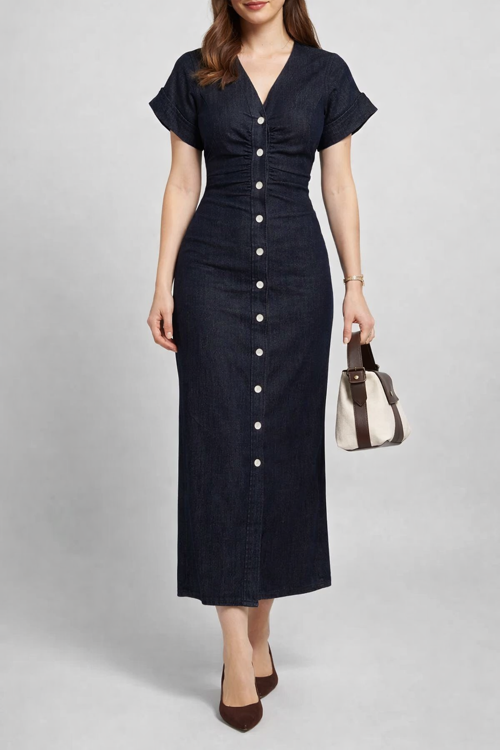 Denim Midi Dress with Lapel and Side Zipper Slim Fit Spring