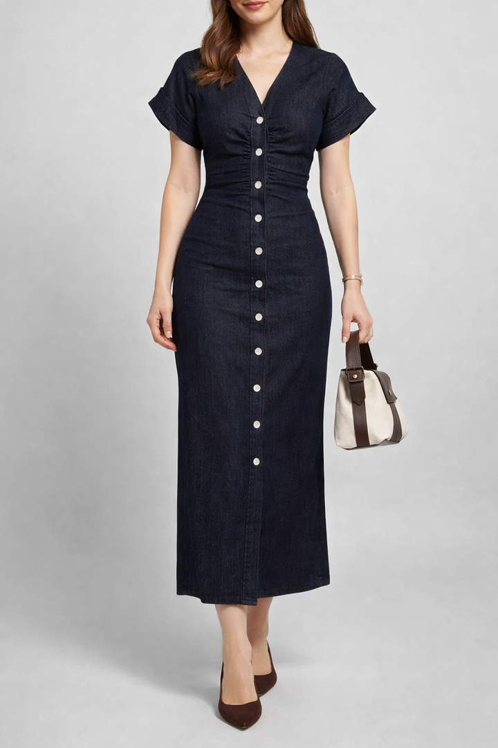 Denim Midi Dress with Lapel and Side Zipper Slim Fit Spring