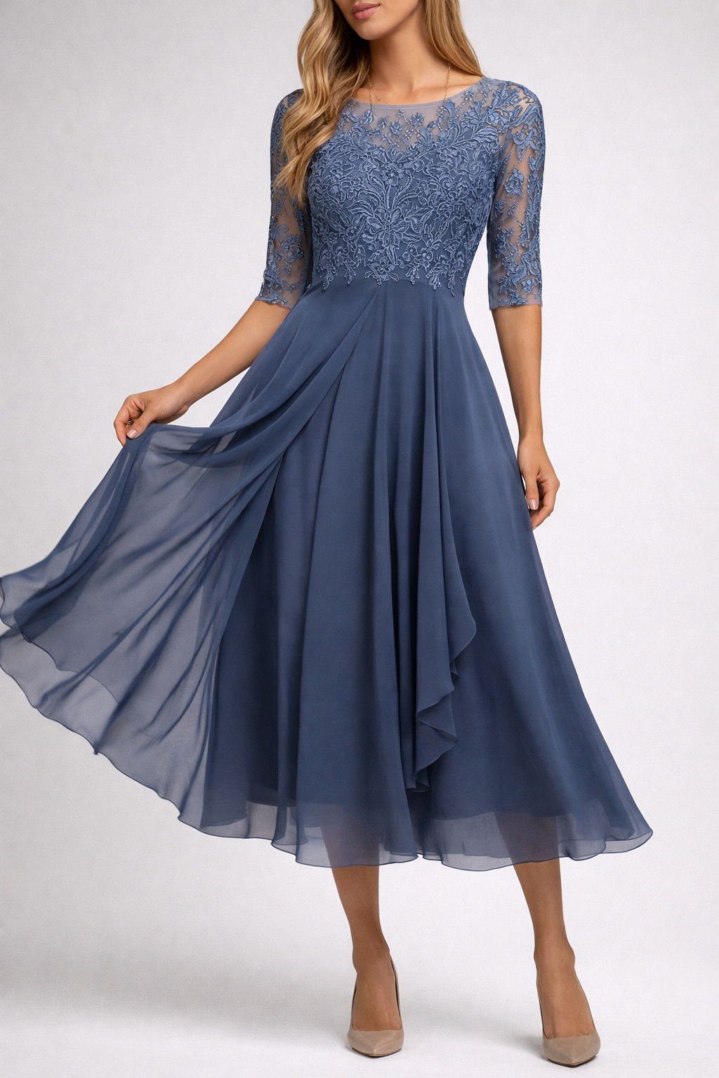Lace Bodice Midi Dress with Sheer Sleeves