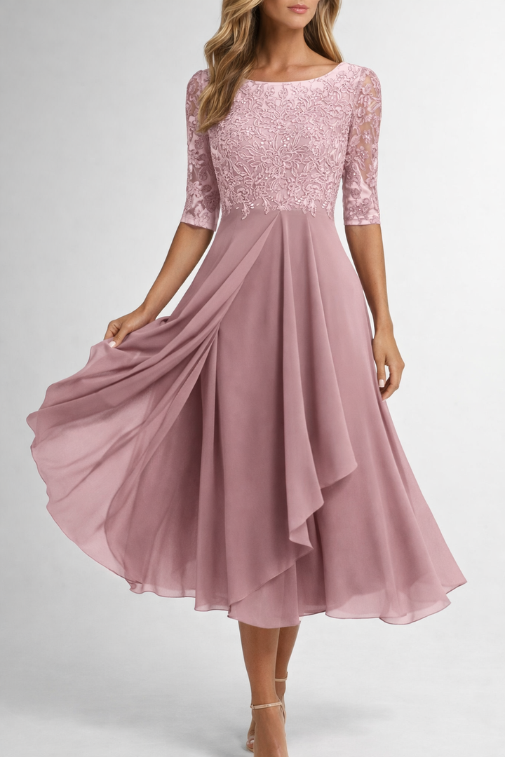 Lace Bodice Midi Dress with Sheer Sleeves