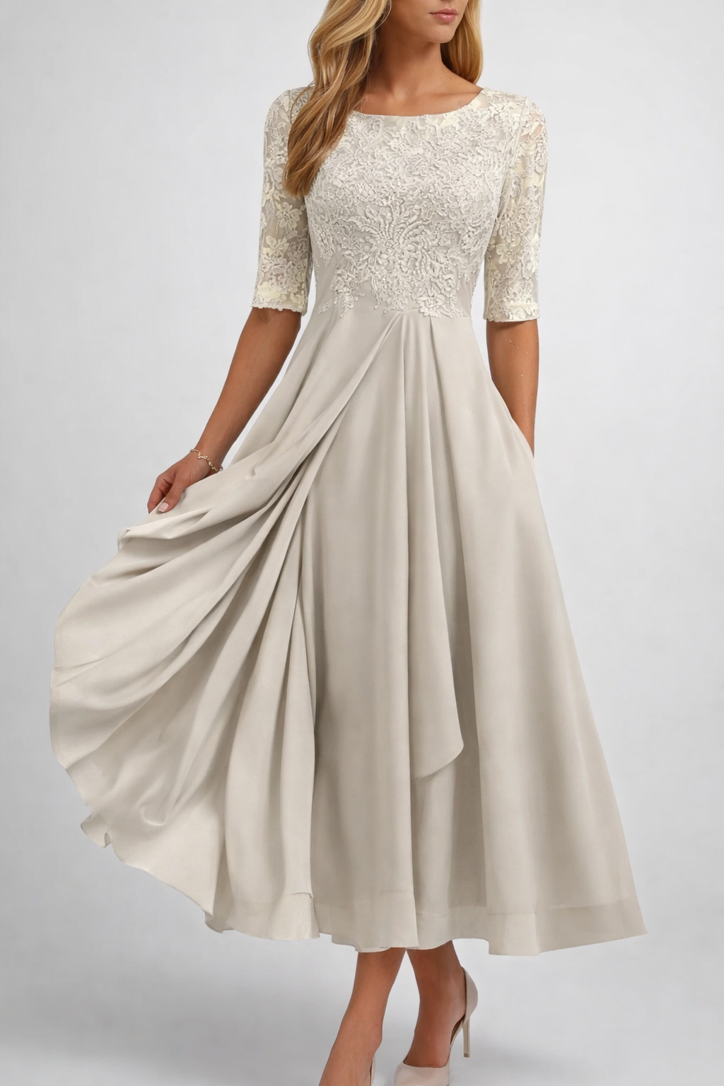 Lace Bodice Midi Dress with Sheer Sleeves