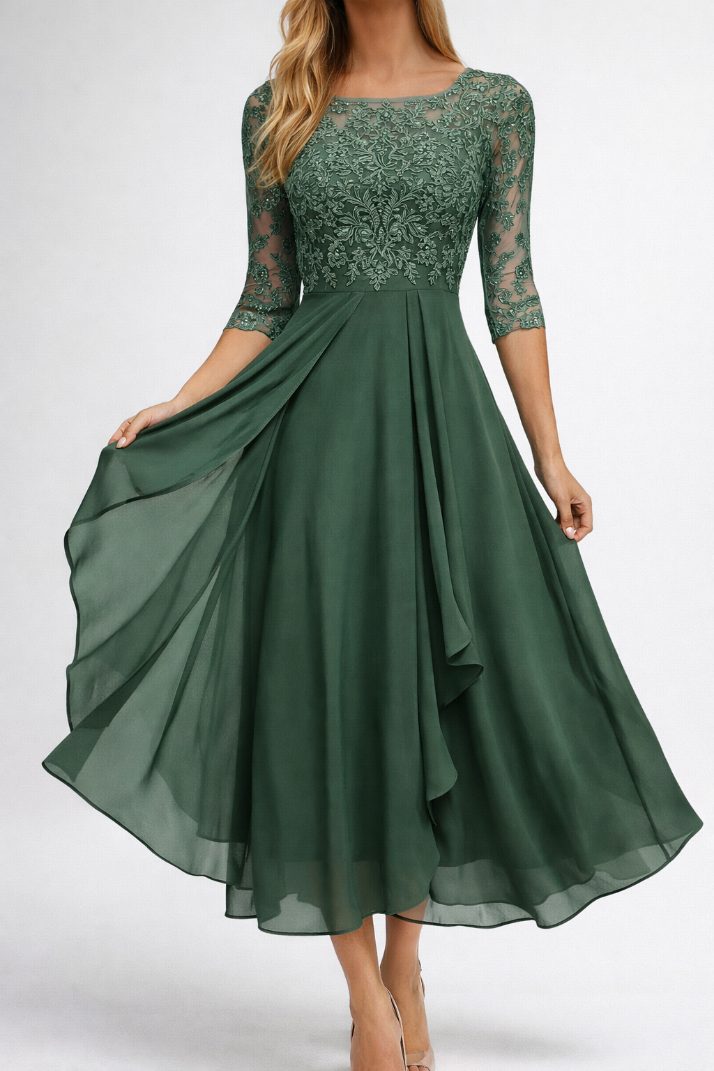 Lace Bodice Midi Dress with Sheer Sleeves