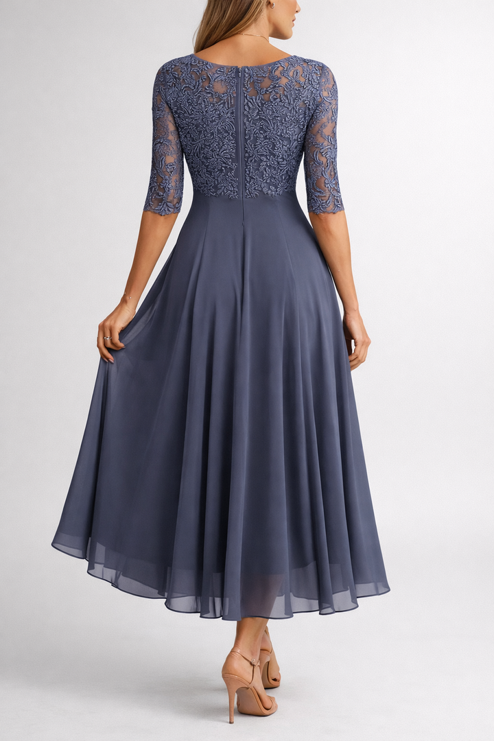 Lace Bodice Midi Dress with Sheer Sleeves