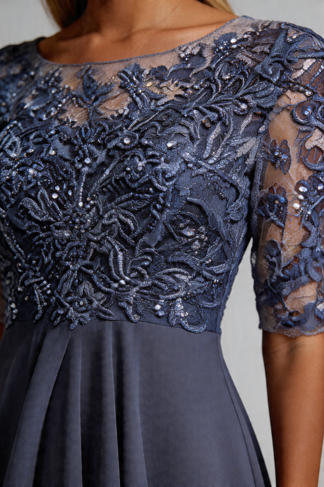 Lace Bodice Midi Dress with Sheer Sleeves