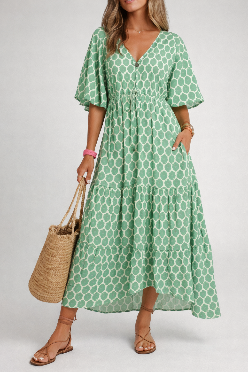 Printed Tiered Midi Dress with Flutter Sleeves
