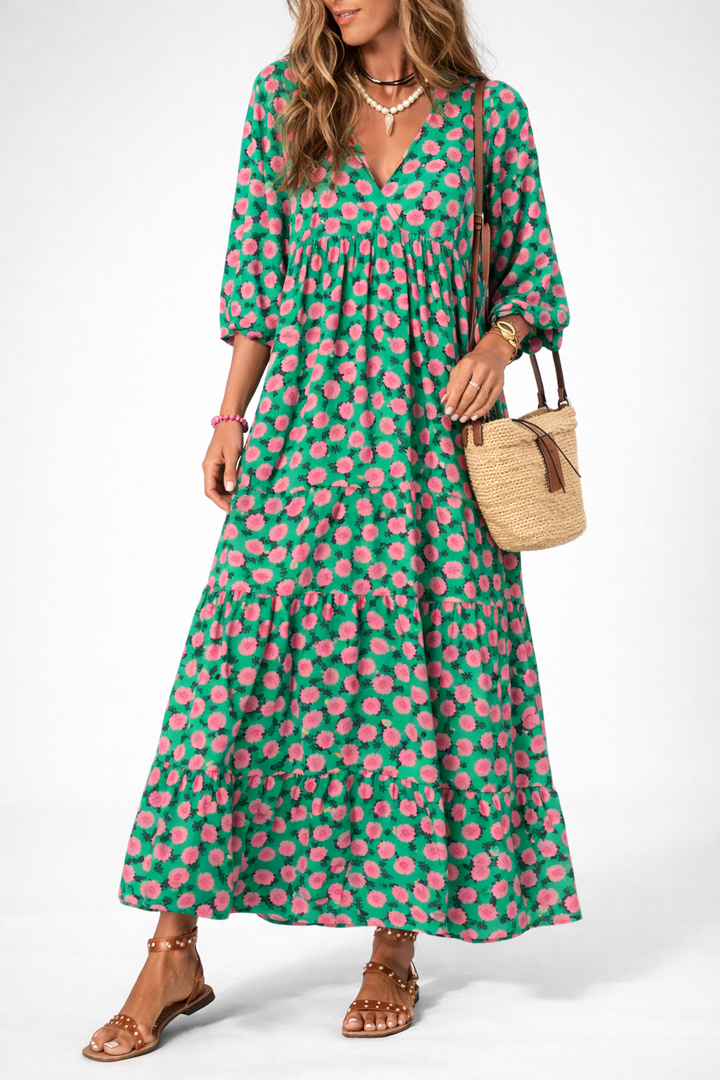 Printed Tiered Midi Dress with Flutter Sleeves